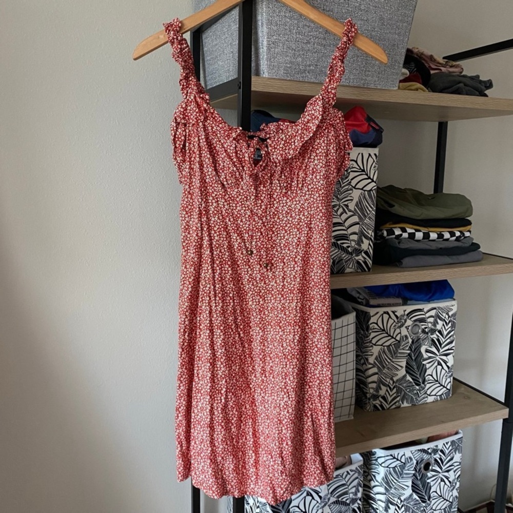 Red Floral Cottagecore Dress with Ties